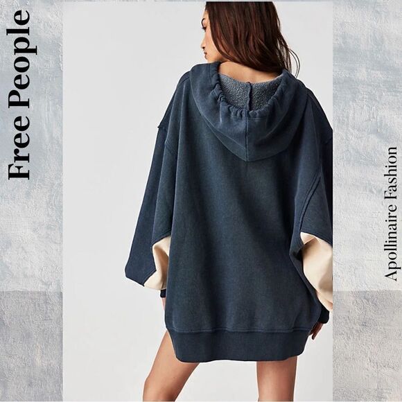 FREE PEOPLE JIMI HOODED SWEATSHIRT IN NAVY TAN COMBO LARGE NWT - Picture 3 of 6